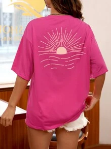 INAWLY Plus Size Women's Sunset Printed Round Neck Short Sleeve Casual T-Shirt, Summer Pink Top