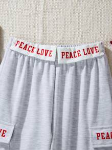 Pantalones casuales para niña preadolescente con letras impresas y bolsillos