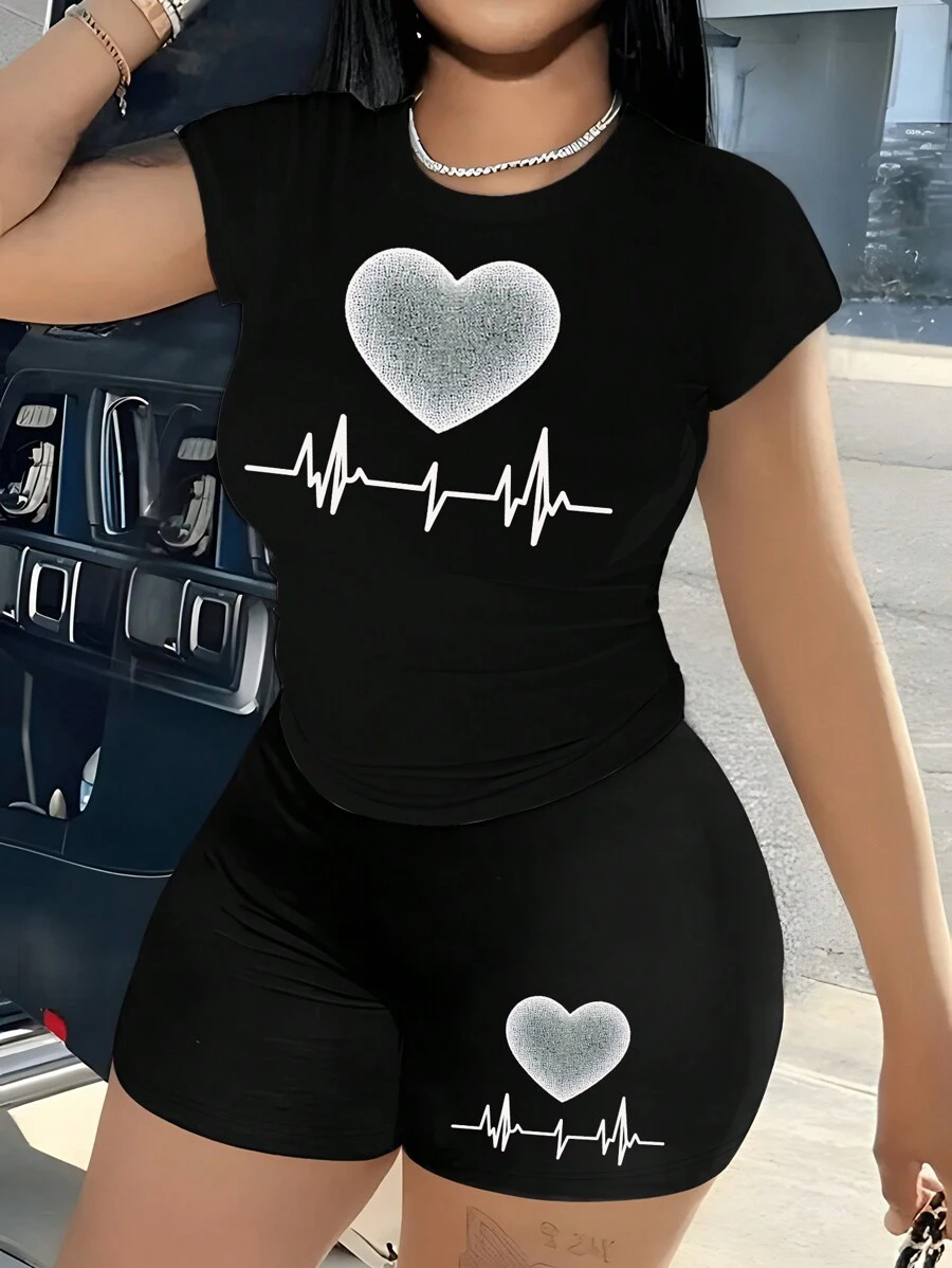 INAWLY Summer Simple Heart Sketch Printed Slim Fit Crop Top And Skirt Set, Suitable For Valentine's Day Romantic Party, Women - Black - View 1