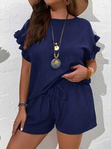 EMERY ROSE Plus Size Women Solid Color Round Neck Top And Shorts Casual Daily 2 Pieces Set - Navy Blue - View 4