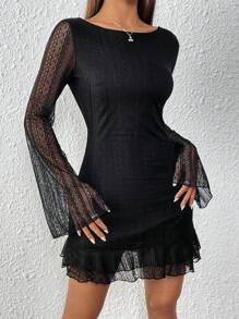 SHEIN Unity Summer Sexy Solid Color Hollow Out Backless Ruffle Hem Dress - Black - View 4
