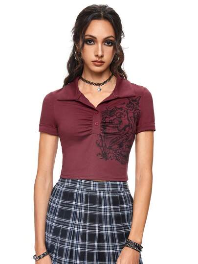 Academia Maglietta da donna in stile college con colletto polo, stampa vintage a elemento angelico, per scuola