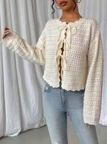 Chiquease Tie Front Pointelle Knit Cardigan - White - View 4