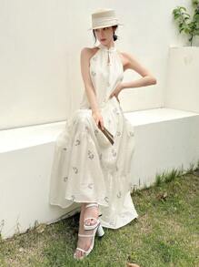 EastFlair Floral Printed Halter Neckline Dress With Ruffled Hem, Summer Style - Apricot - View 1