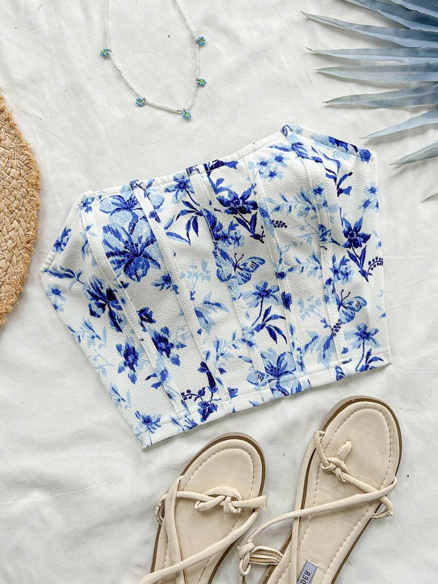 Soleia 假期女性休閒藍白色花卉印花無肩帶上衣 - 藍白色 - 查看 1