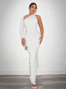 SHEIN SXY Đầm Bodycon một vai dành cho nữ thanh lịch với đường viền bất đối xứng và hở lưng dành cho các bữa tiệc - trắng - Xem 3