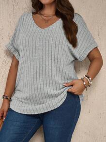 EMERY ROSE Plus Size Solid Color Ribbed Batwing Sleeve Casual Daily Summer T-Shirt