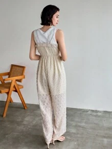 FRIFUL 女士夏季休閒純色流蘇細肩吊帶連身褲 - 米色 - 查看 5