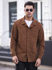 Manfinity VCAY Men's Oversized Drop Shoulder Square Collar Woven Shirt Jacket, Suitable For Autumn - Brown - View 3