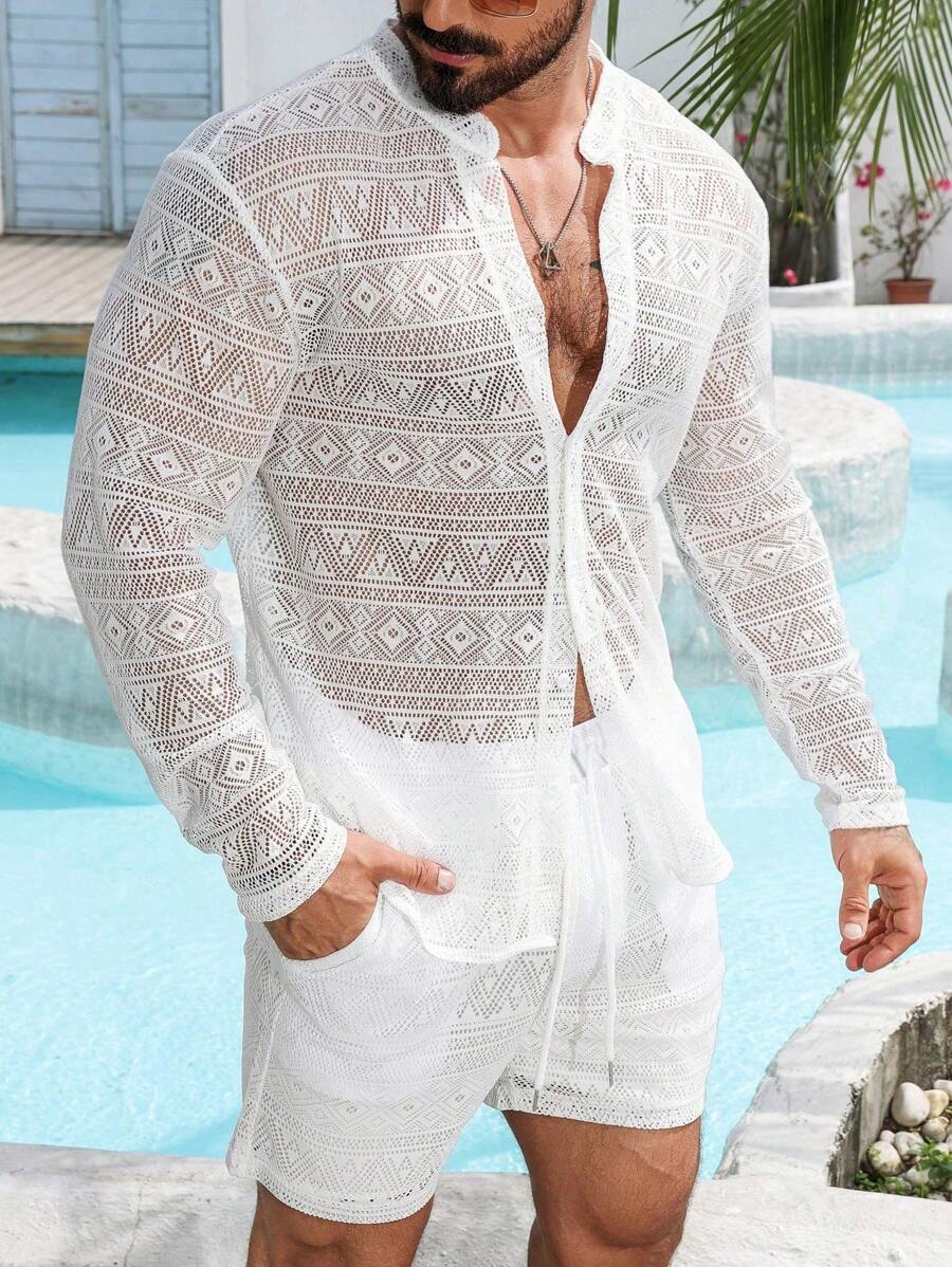 Manfinity RSRT 男士海滩度假纯色简约日常长袖衬衫和短裤套装