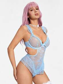 ROMWE Goth 浪漫蕾丝蝴蝶结装饰镂空性感紧身衣内衣 - 藍色 - 查看 4