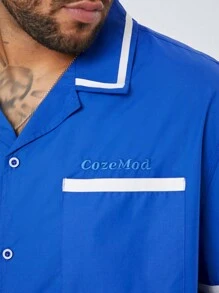 Manfinity VCAY Men's Plus Size Casual Woven Letter Printed Turn-Down Collar Short Sleeve Shirt, Suitable For Summer And Daily Wear - Blue - View 2