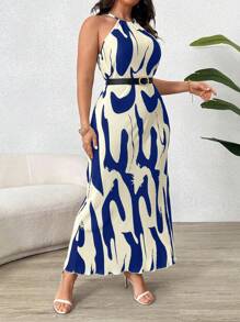 SHEIN Clasi Plus Size Sleeveless Allover Print Dress With Back Buttons, Casual And Vacation Style Maxi Women Outfit - Royal Blue - View 7