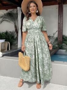 Celure Plus Size Holiday Casual Allover Print Long Dresses With Cinched Waist - Green - View 5