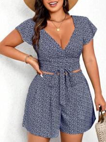SHEIN LUNE Plus Size Kỳ Nghỉ Thường Ngày Ngắn Tay In Hoa Áo Crop Top Và Quần Short - Màu xanh hải quân - Xem 5