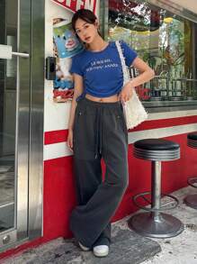 DAZY Women's Letter Printed Drawstring Short Sleeve T-Shirt,Crop Tops Women,Graphic Tees Preppy Tops - Royal Blue - View 4