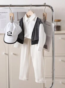 1 pieza Camisa a rayas estilo preppy 2 en 1 para niños, primavera y otoño - Blanco y Negro - Ver 1