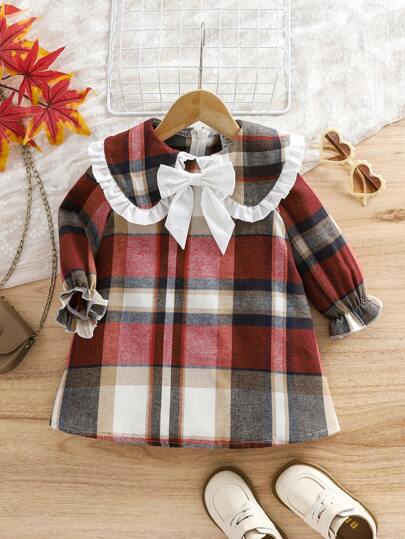 寶貝女孩可愛的彼得潘襯領彩塊格紋長袖連衣裙，配有荷葉邊飾