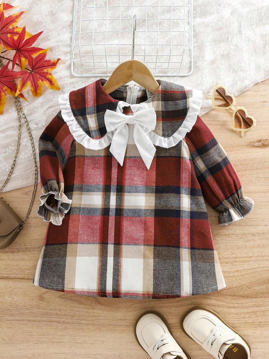 寶貝女孩可愛的彼得潘襯領彩塊格紋長袖連衣裙，配有荷葉邊飾 - 紅白色 - 查看 1