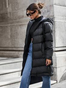 EURMUSE Lonk Line Puffer Down Coat Jacket, Side Zip Detailed, Hooded, Waterprof - Black - View 3