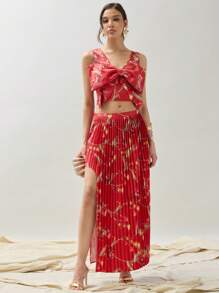 COSMINA Women's Sleeveless Floral Printed Bow Tie Blouse Top And Pleated Skirt - Multicolor - View 6