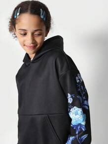 SUMWON Classic Floral Print Hoodie Sweatshirt Drawstring Fall Winter Wear Pullover Blue Blossom Pattern Streetwear Casual Daily Wear - Black - View 4