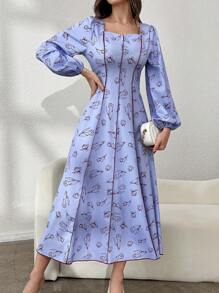 Modelyn 女士花卉印花简约长袖连衣裙，日常穿着长款晚礼服 - 淺灰紫 - 查看 6