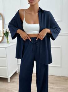 EURMUSE Two Pieces Pant And Top - Navy Blue - View 4