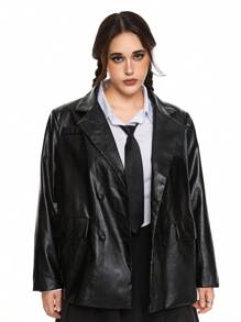 ROMWE Academia College-Stil Große Größen Schule Jacke aus PU-Leder, lose gerade Schlauchjacke
