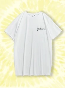 Gudetama X SHEIN 大尺碼休閒舒適寬鬆落肩白色T恤裙，印有蛋黃印花，適合夏季 - 白色 - 查看 7