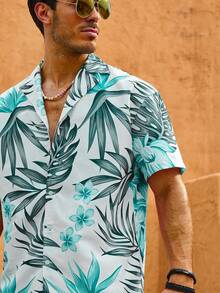 Manfinity Men's Leaf Print Holiday Beach Short Sleeve Shirt And Shorts Set - Multicolor - View 8