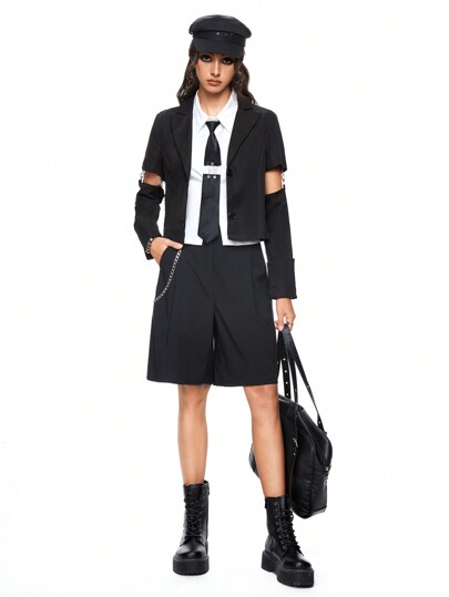 Academia Simple Black Straight Wide-Leg Suit With Detachable Metal Chain, Versatile Women's Culottes