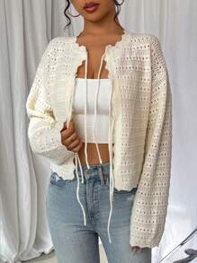 Chiquease Tie Front Pointelle Knit Cardigan - White - View 5
