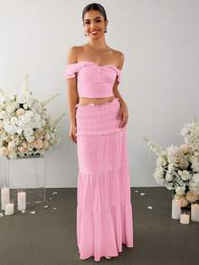PARTHEA Off Shoulder Ruched Twist Fron Crop Top & Low Waist Ruffles Skirt Set - Pink - View 4