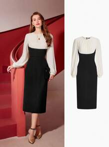 MOTF PREMIUM TWO TONE LANTERN SLEEVE DRESS - Black and White - View 2