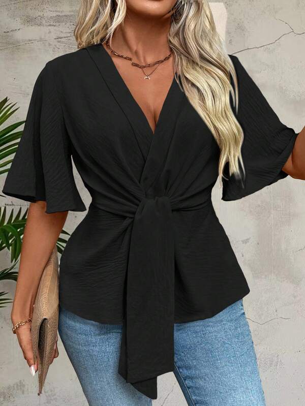 EMERY ROSE Plus Size Vacation Casual Solid Color Bell Sleeve Shirt With Cinched Waist