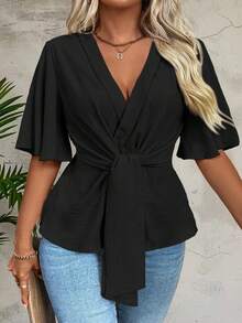 Breezaya Plus Size Vacation Casual Solid Color Bell Sleeve Shirt With Cinched Waist - Black - View 4