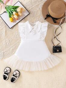 SHEIN Baby Girl Peter Pan Collar Dress With Ruffle Sleeves & Hem - White - View 1