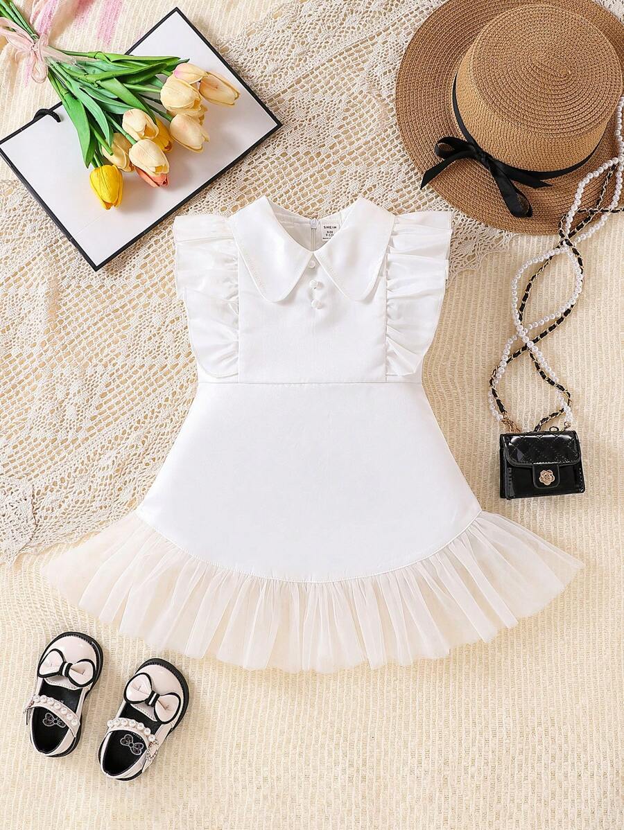 SHEIN Baby Girl Peter Pan Collar Dress With Ruffle Sleeves & Hem - White - View 1