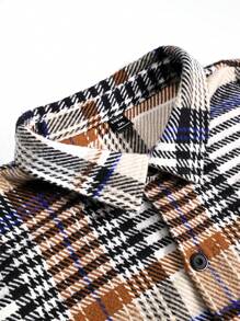 Manfinity Homme Men's Plus Size Casual Single-Breasted Plaid Striped Long Sleeve Shacket With Pockets, Men Plaid Jacket, Men Plaid Shacket, Men Plaid Overshirt - Khaki - View 6