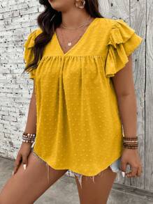 SHEIN Holidaya Camisa casual festiva con volantes de talla grande y unicolor - Amarillo - Ver 3