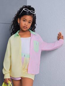 SHEIN 3入組青少女色塊條紋寬鬆襯衫、寬鬆短褲和背心套裝 - 彩色 - 查看 5