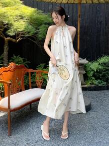 EastFlair Floral Printed Halter Neckline Dress With Ruffled Hem, Summer Style - Apricot - View 7