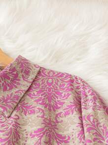 Plus Size Printed Turn-Down Collar Long Sleeve Casual Spring/Summer Vacation Matching Dress Fall Cloth For Women - Pink - View 3