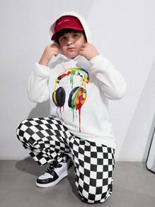 SHEIN Tween Boys Extended Size Colorful Headphone Print Casual Fleece Hoodie, Fall/Winter