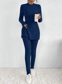 SHEIN Frenchy 女款純色簡約日常長袖上衣和長褲二件套 - 藍色 - 查看 5