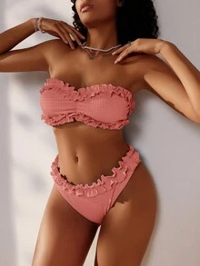 SHEIN Swim 女性夏季海灘純色褶皺束胸拼褶兩件式比基尼套裝 - 乾枯玫瑰色 - 查看 3