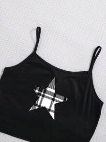 SHEIN Conjunto de pijama resistente a las llamas Knitted para dormir en casa con patron de estrellas y camisola informal de verano con rejilla de pantalón para adolescente