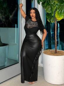 Slaydiva Plus Size Elegant Party Bodycon Black Skirt With Fringe Side Details And High Back Slit, Spring/Fall - Z, For Winter
