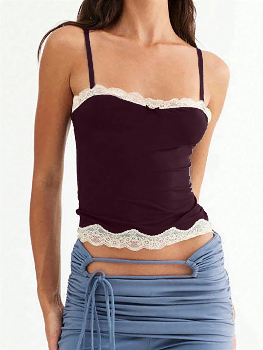 SHEIN ICON Women's Casual Color-Block Lace Camisole Top For Summer - Burgundy - View 1